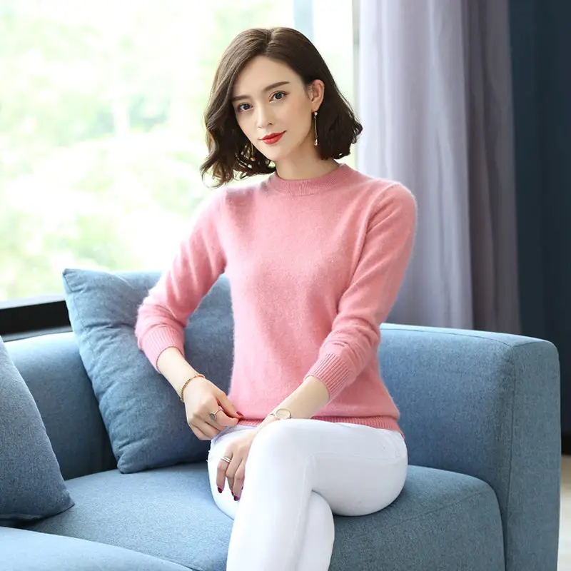 Pink MERRILAMB женский высококачественный норковый кашемировый свитер, Зимний толстый теплый вязаный пуловер с круглым вырезом и длинными рукавами и зеленый свитер - Цвет: Pink