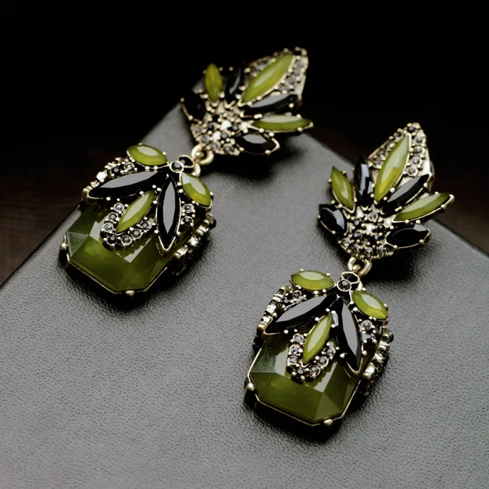 Заявление Ретро Богемия Черно зеленый Драгоценный Камень Цветок Bijoux Серьги Для