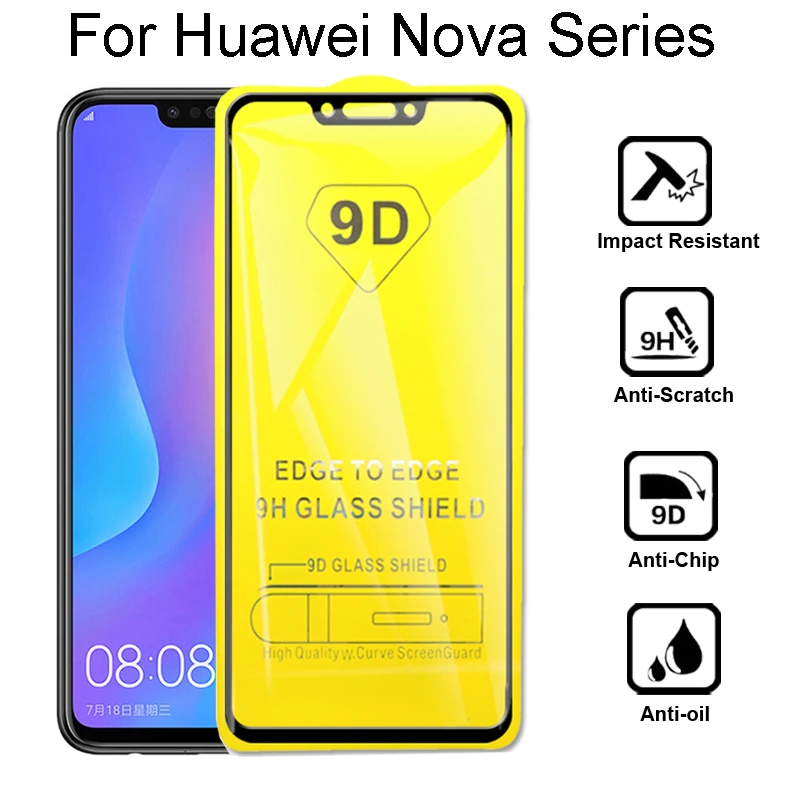Закаленное стекло 9D с полным покрытием для Huawei Nova 2 2i 3 3i 3e 4 Защитная пленка экрана