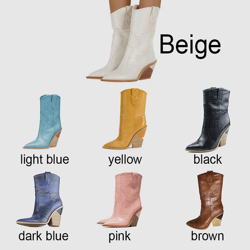 Модные тисненые женские сапоги из микрофибры с острым носком ковбойские в