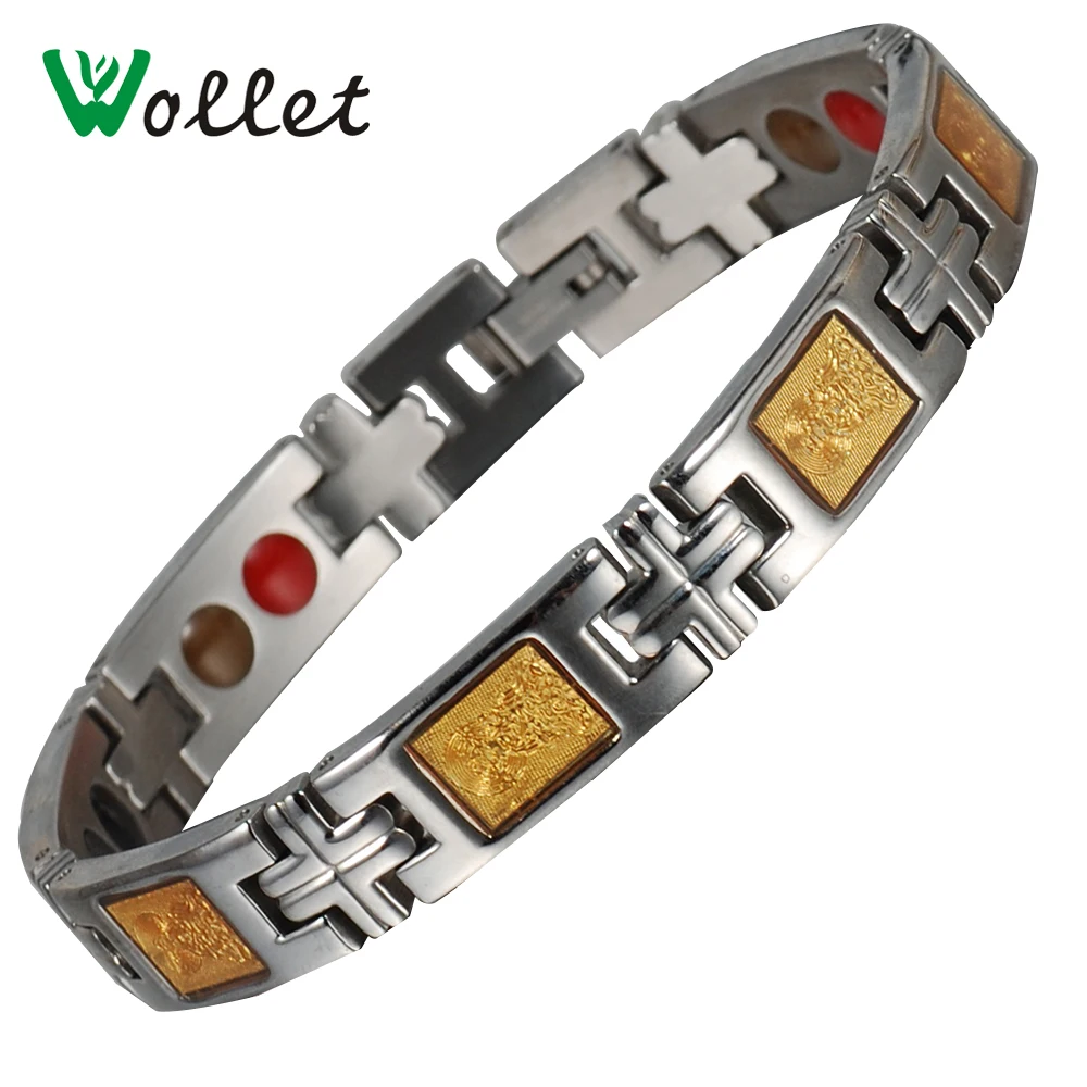 

Wollet Jewelry Stainless Steel Bracelet for Women Men Magnetic Therapy Gold Foil 5 in 1 No Plating Silver Color Health Care