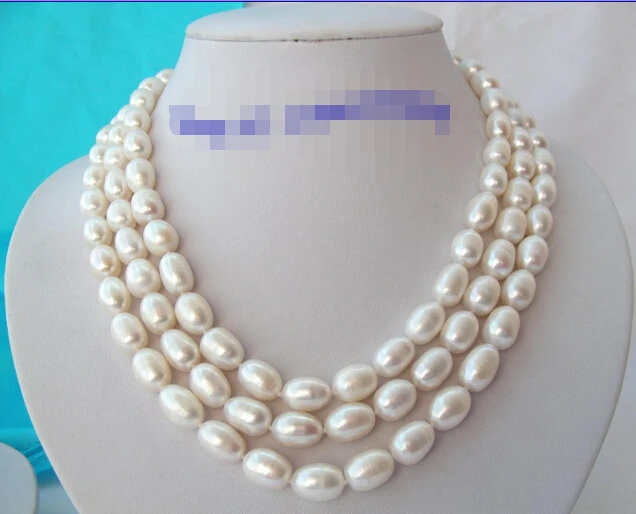 

vogue popular 3rows big 14mm white baroque rice freshwater pearls necklace 17"