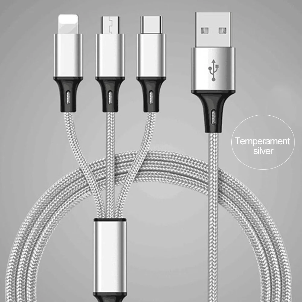 Silver 3 в 1 Micro USB кабель для Android USB TypeC кабели для мобильных телефонов 8Pin для iPhone 8X7 6 6S xs зарядное устройство кабели для быстрой зарядки шнур - Цвет: Silver
