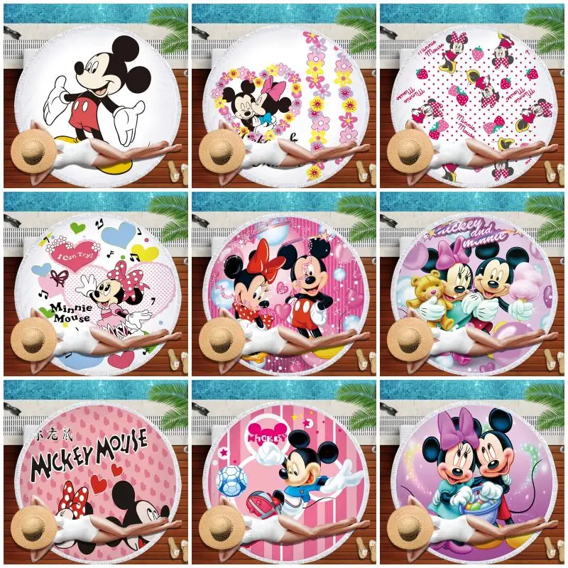 

Cartoon Mickey Minnie Series Microfiber Beach Towel Sport Blanket Swimming Bath Towel with Tassel for Children Round 150CM