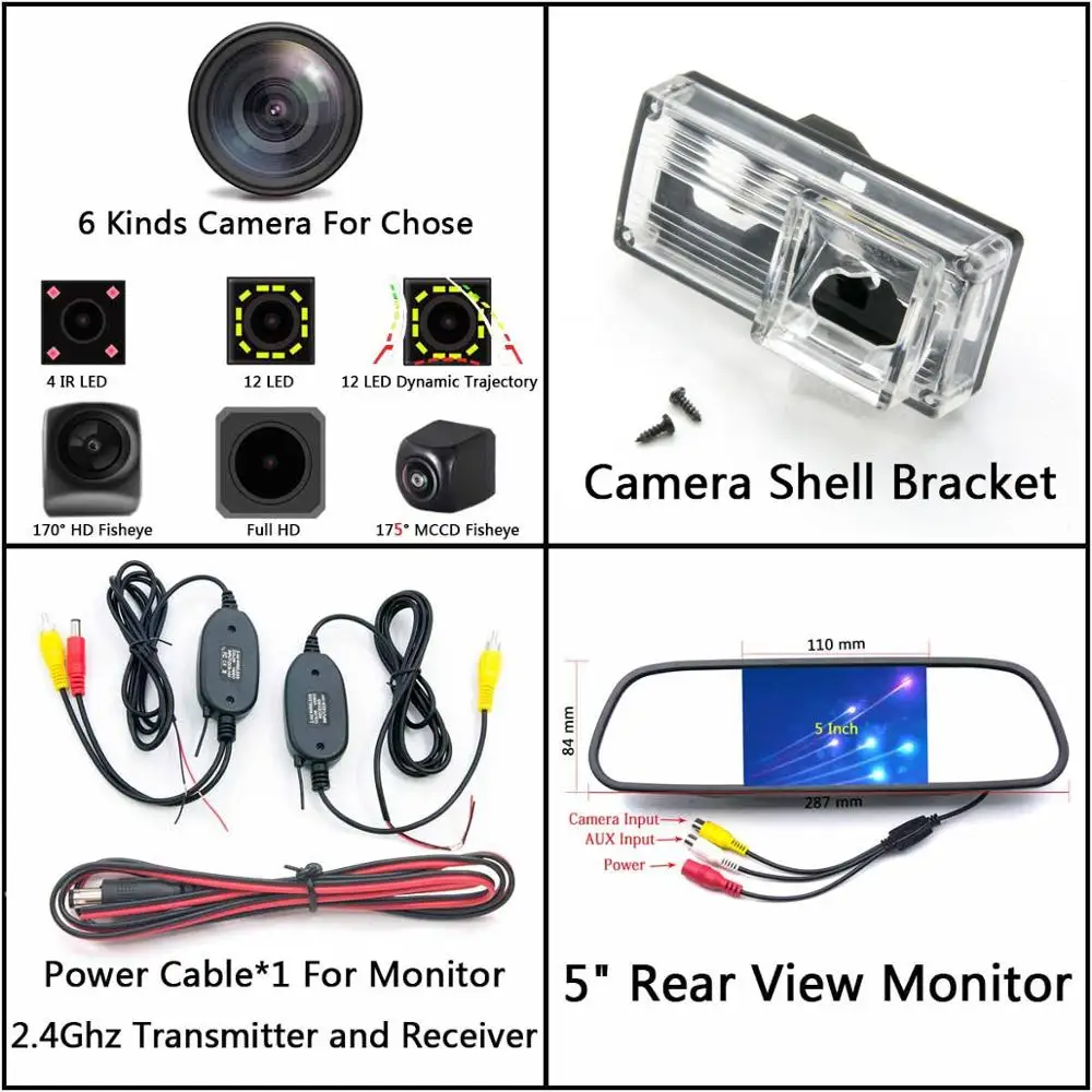 Cam Wirelss 5 Mirror 175 градусов MCCD Fisheye 12LED HD заднего вида Камера для Toyota Reiz Avalon XX10 Land Cruiser Prado 200 LC200 монитор автомобиля - Название цвета: Cam Wirelss 5 Mirror