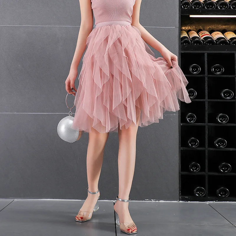 

High Waist Irregular Mesh Skirt Women Solid Color Elastic Waist Elegant Female Skirt Sweet Fresh Feeling Student Summer Skirt