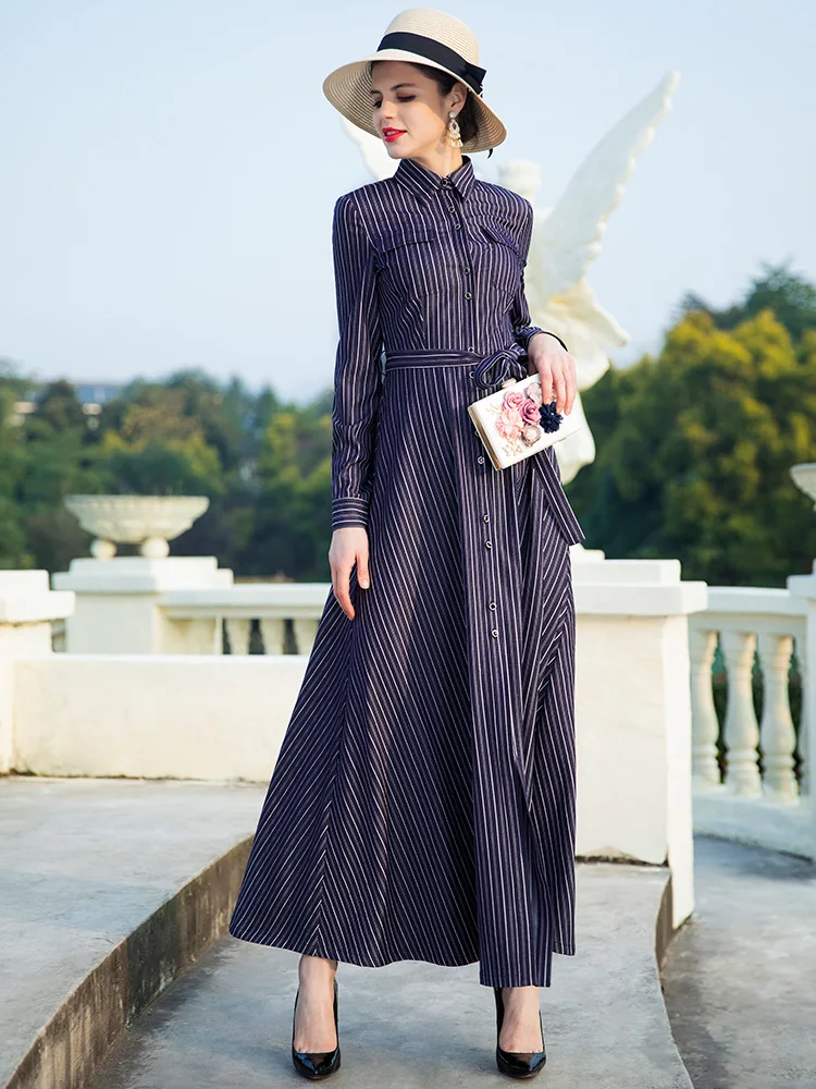 Весна Макси длинное платье 2019 женское с длинным рукавом в полоску отложным