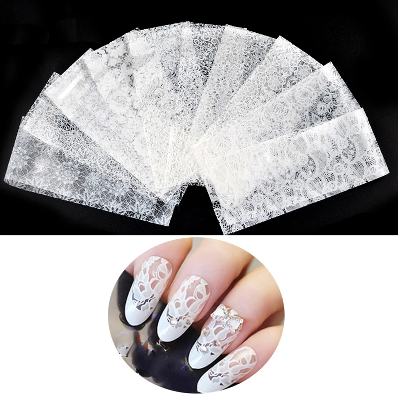 20 шт./лот 4*20 см белые кружевные розы Nail передачи Стикеры Маникюр Hollow ногтей Фольга