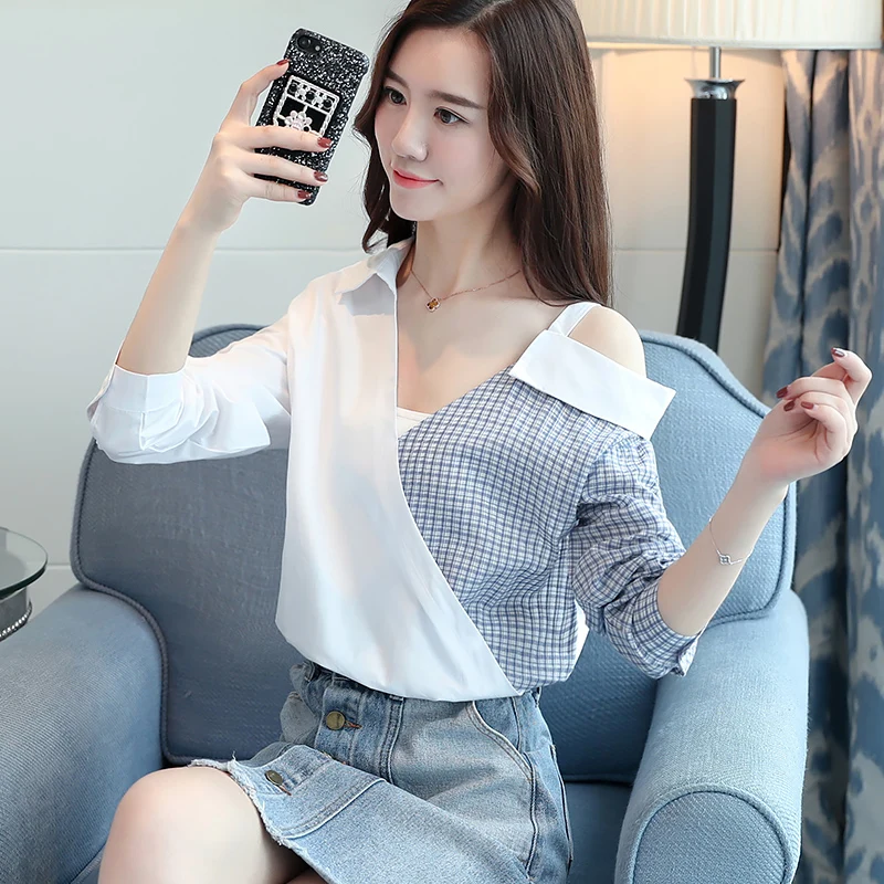 Новинка 2018 модная женская блузка с длинным рукавом Летняя Сексуальная рубашка v