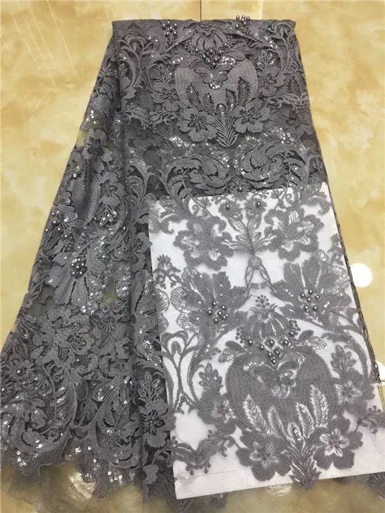 

2019 High Quality French 3D Tulle Beaded African Lace Fabric Sequins Embroidered Nigerian Lace Fabrics For Wowen Dress gray