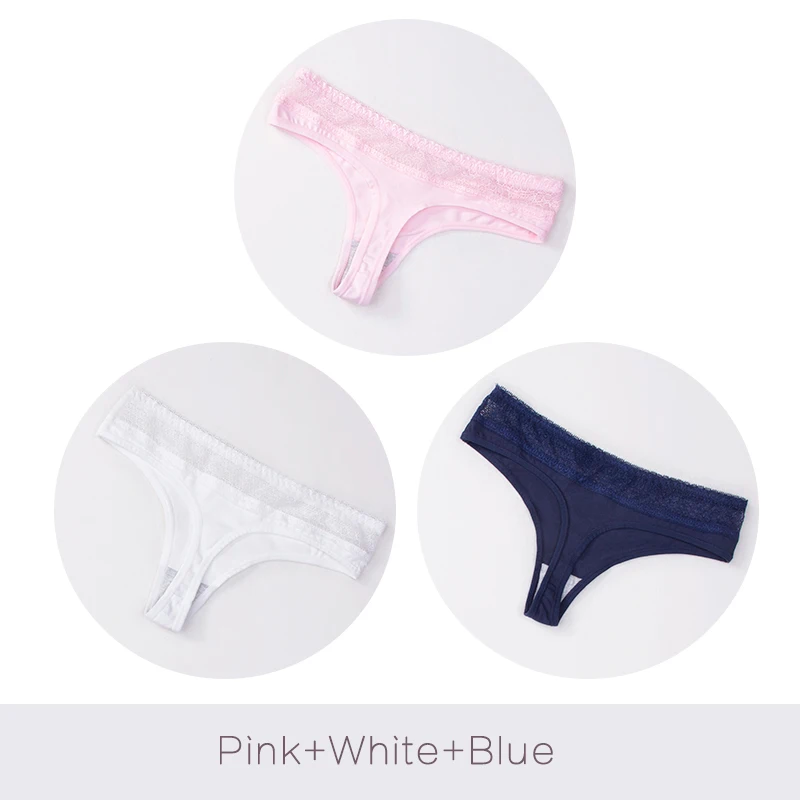 Pink White Blue Женские сексуальные кружевные хлопковые стринги, удобные, с низкой талией, дышащие, с Т-образной спинкой, женское нижнее белье, 3 шт./лот, DULASI, фирменное нижнее белье - Цвет: Pink White Blue