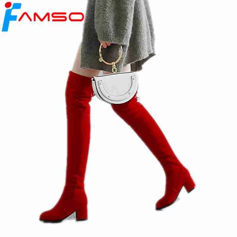 FAMSO/2018 г. новые женские сапоги большие размеры 34-43 черные красные ботфорты из