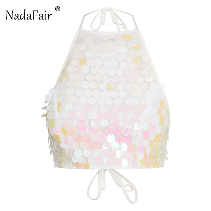 Nadafair, женские летние топы с блестками, майки, Сексуальные клубные, вечерние, фестивальный, лазерный топ на бретелях, на шнуровке, с открытой спиной, с блестками, укороченный женский топ