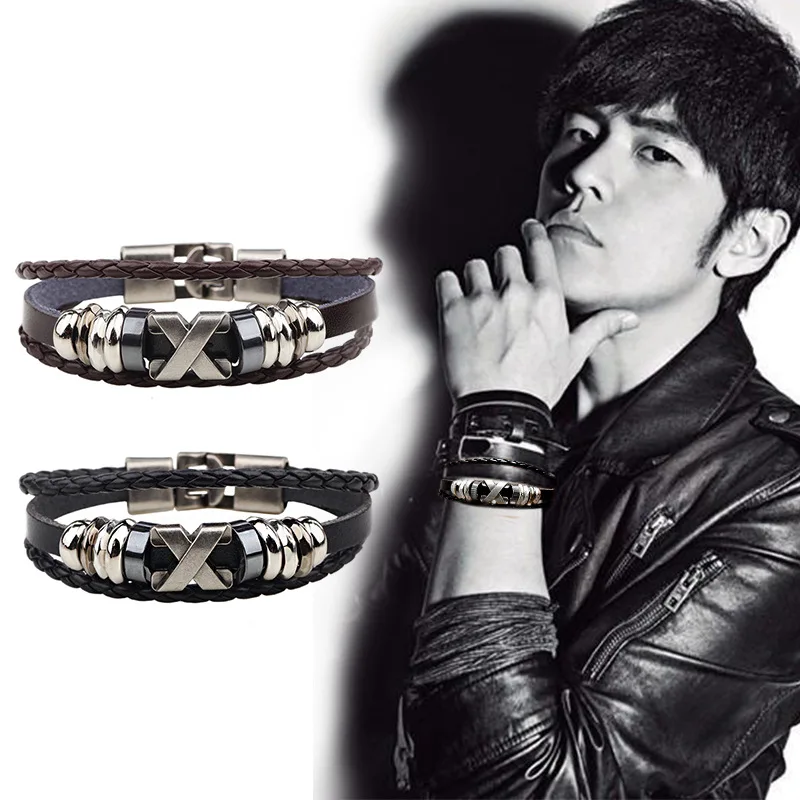 Плетеный браслет из натуральной кожи мужской винтажный с гравировкой браслеты