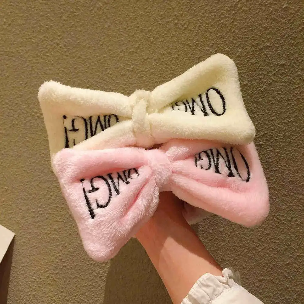 Мягкие фланелевые повязки на голову с бантиком и надписью OMG для женщин, тюрбан, повязка для волос, повязка на голову для мытья лица, головные уборы для девочек, аксессуары для волос