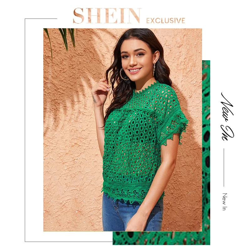 SHEIN, зеленая гипюровая кружевная блузка с замочной скважиной на спине без бюстгальтера, женская летняя сексуальная блузка с круглым вырезом, реглан, короткий рукав, женские топы