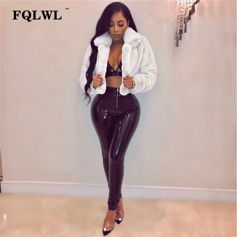 FQLWL Fluffy Faux Fur Coats Women Solid Furry Teddy Turn Down Collar Cropped Jacket Fur Female Overcoat Winter Warm Outerwear