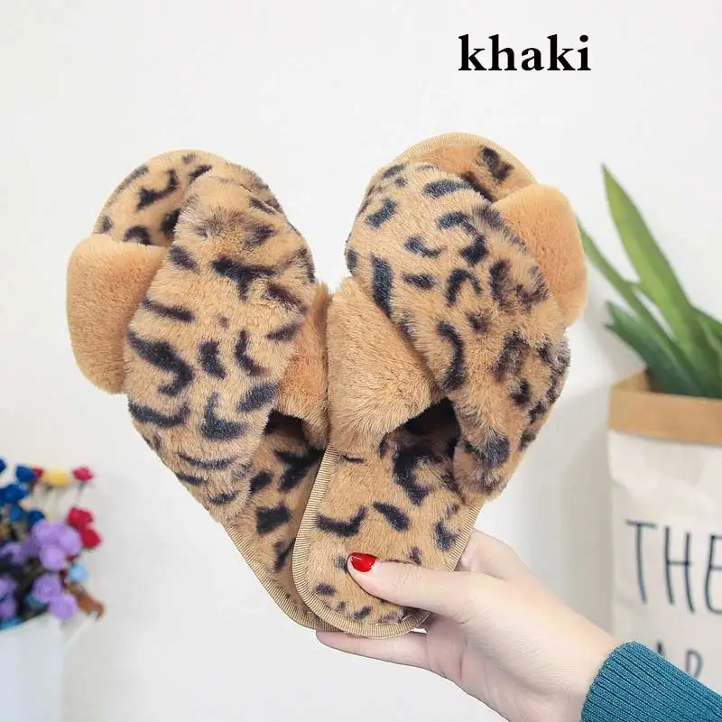 khaki-Leopard Зимние женские тапочки с мехом леопарда; пушистые шлепанцы; теплая мягкая обувь на плоской подошве; забавная домашняя обувь; Pantoffels Dames; размер 41 - Цвет: khaki-Leopard