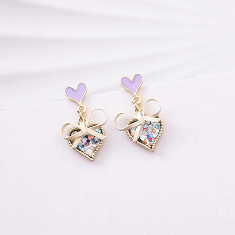 Милые Разноцветные серьги в форме сердца с блестками и бантом элегантные модные