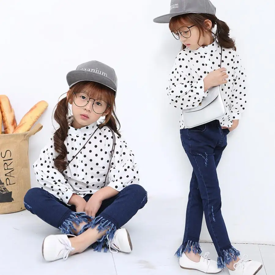 Детские джинсы хлопковые для девочек на весну осень повседневные штаны с