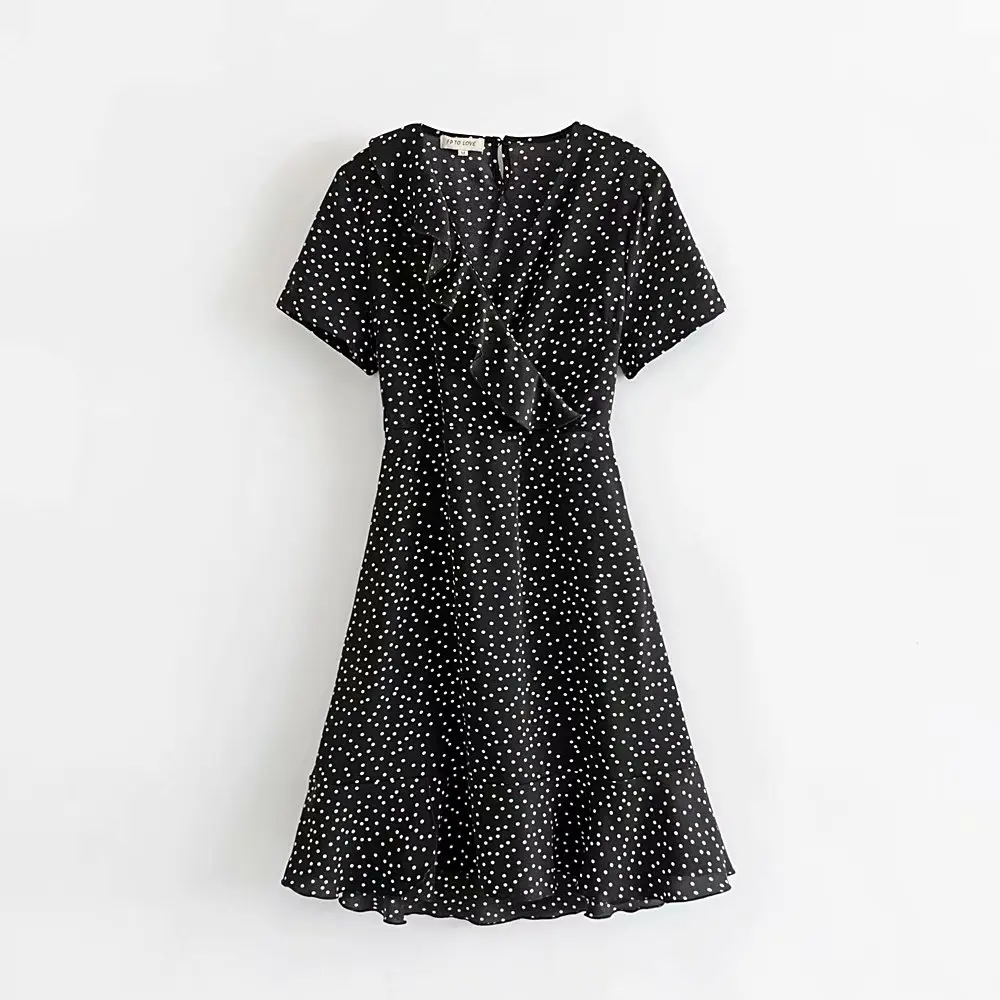 2019 женское платье в горошек с v образным вырезом и оборками повседневное