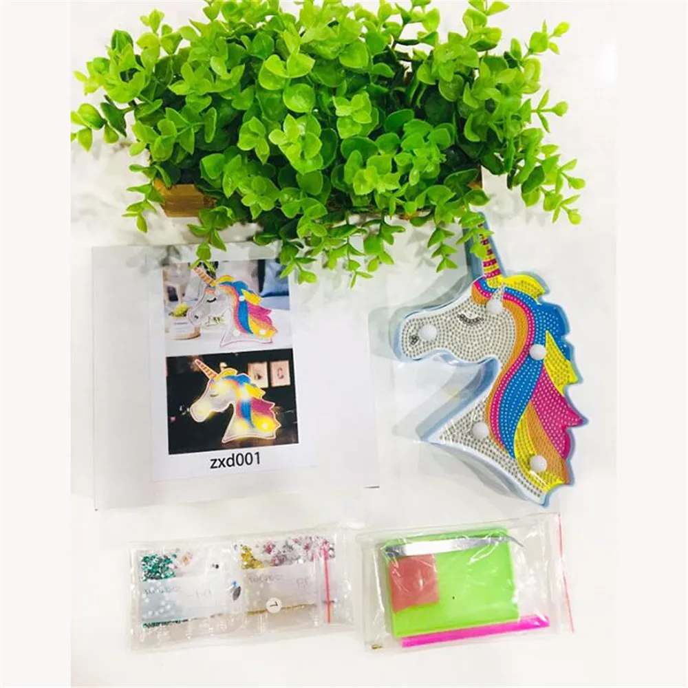 Unicorn Children's Diamond Painting with Round Frame Full of Diamonds Home Decoration Lighted Using Battery | Дом и сад