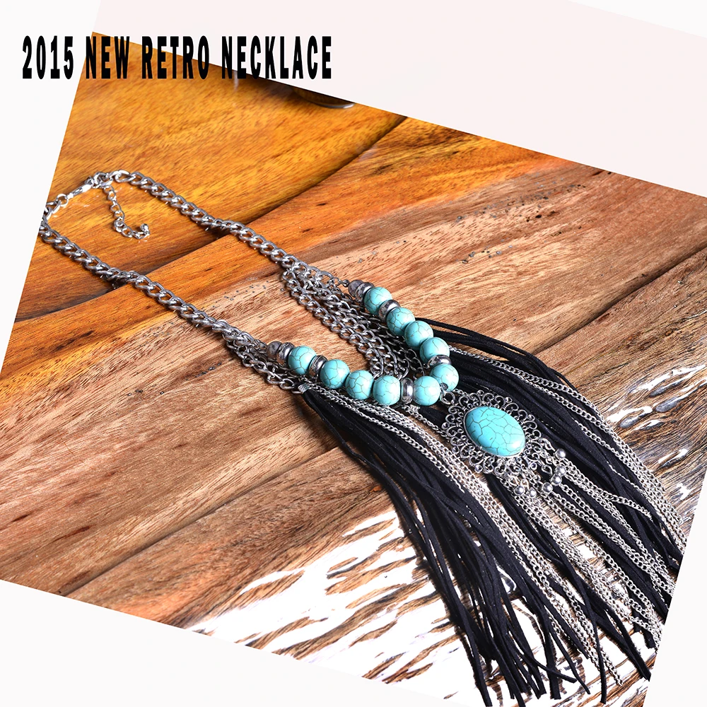 Ожерелье в стиле бохо винтажное серебряное драматическое длинное из замши с