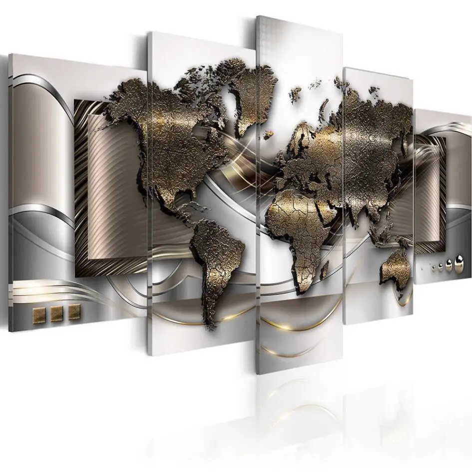 

2019 Abstract HD World Map High Quality 5 Panles Modern Wall Art Home Painting Hotel Painting Map Canvas Printing No Frame