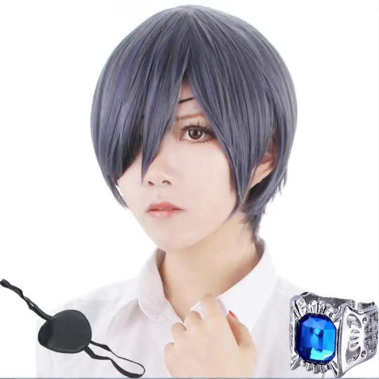 Черный Дворецкий Kuroshitsuji Ciel Phantomhive короткий Смешанный серый синий термостойкий косплей костюм парик+ повязка на глаза+ кольцо - Цвет: Wig Rin Eyepatch