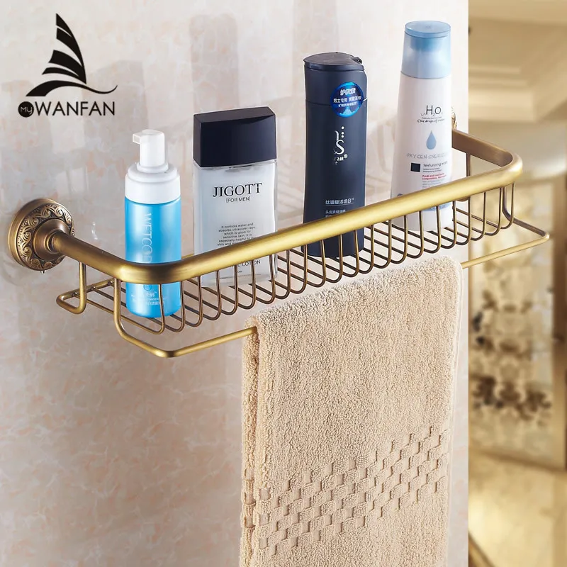 

Bathroom Shelves Single-Tier Antique Brass Towel Bar Hooks WC Storage Rack Towel Hanger Fitting Wall Mount Bath Shelf HJ-832