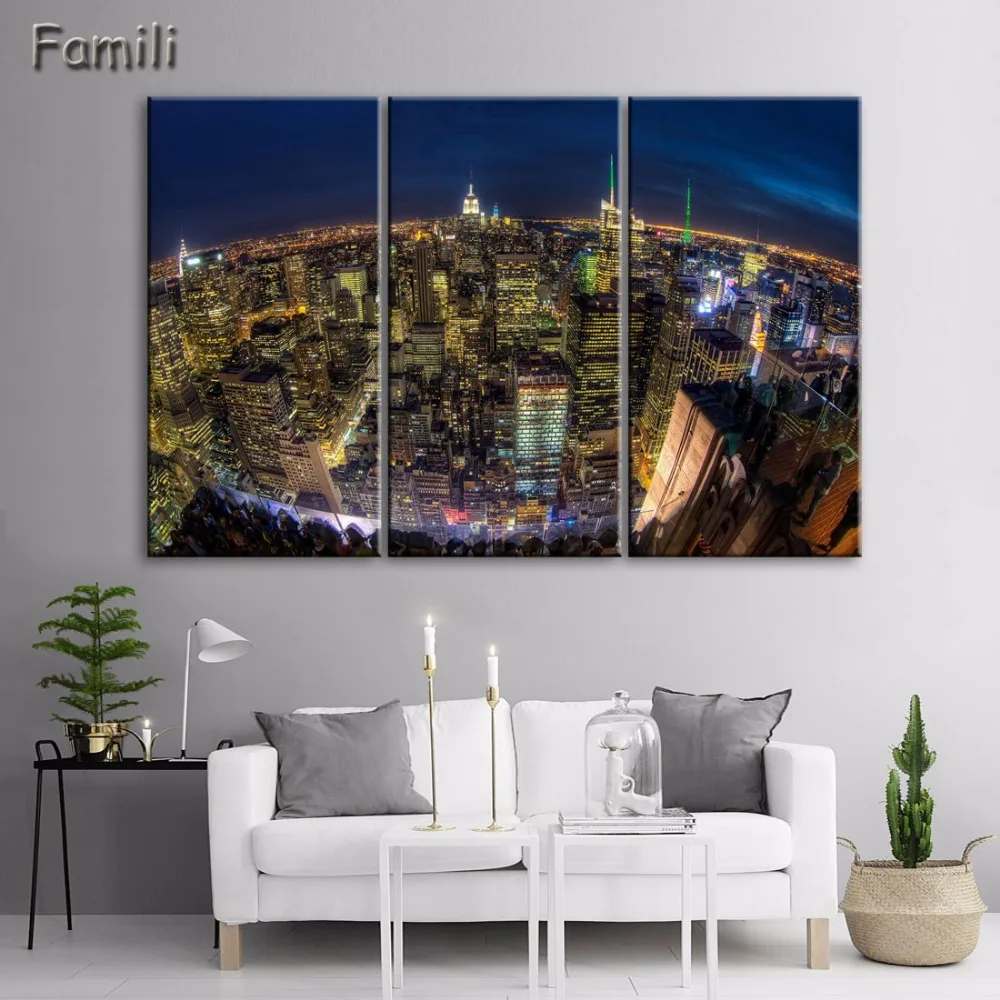 Unframed Modern 3pcs Melamine Sponge Board Canvas Oil Painting New York City Night View Pictures Seascape Living Room Wall Art | Дом и сад