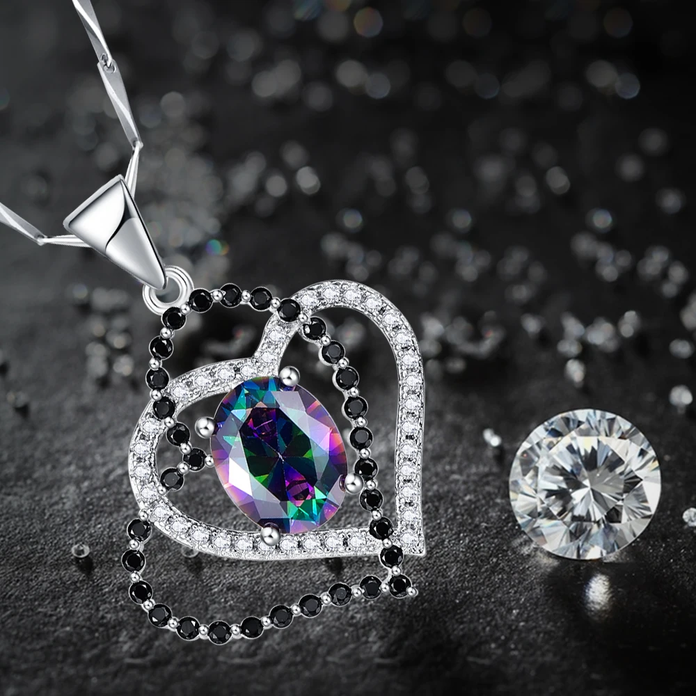 Jrose 2.55ct Genuine Multicolor Rainbow Fire Mystic CZ Pendant Real Pure 925 sterling Silver Brand New Heart With a Chain | Украшения и