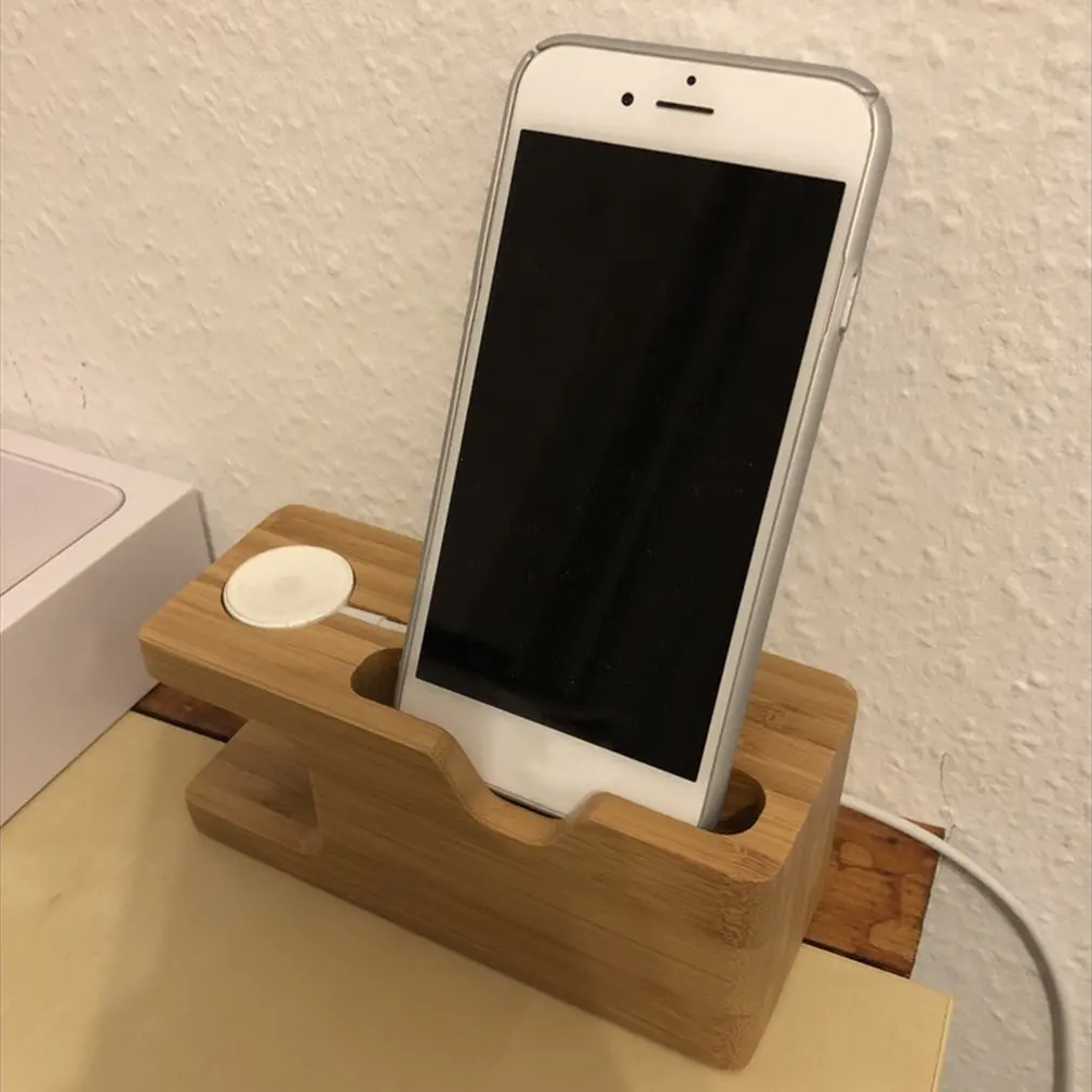 Зарядная док-станция из натурального бамбука и дерева для Apple Watch для iPhone, держатель, экономия пространства, часы, телефон, планшет, настольная подставка