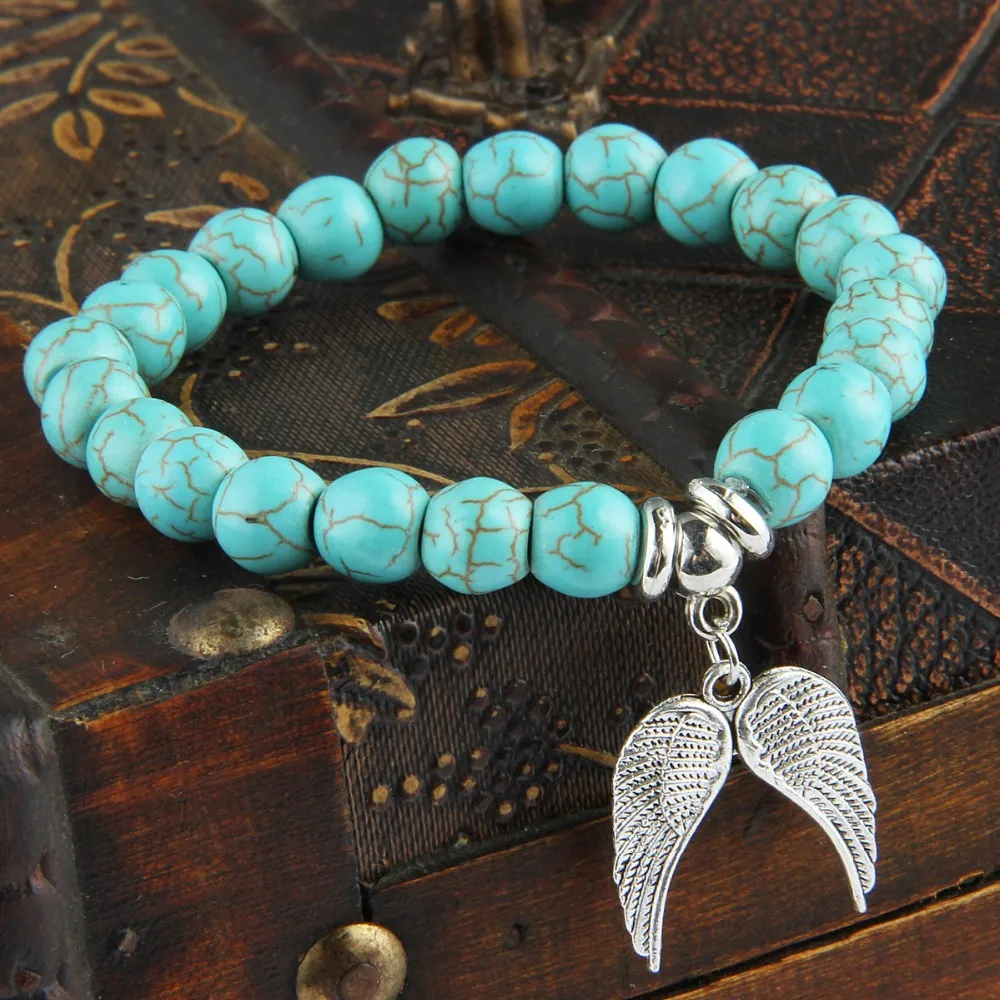 Bespmosp Hot Vintage Blue Bead Pendant Bracelet Yin Yang Angel Wings Heart Dog Cat Tags Animal Footprint Women Jewelry Wristband |