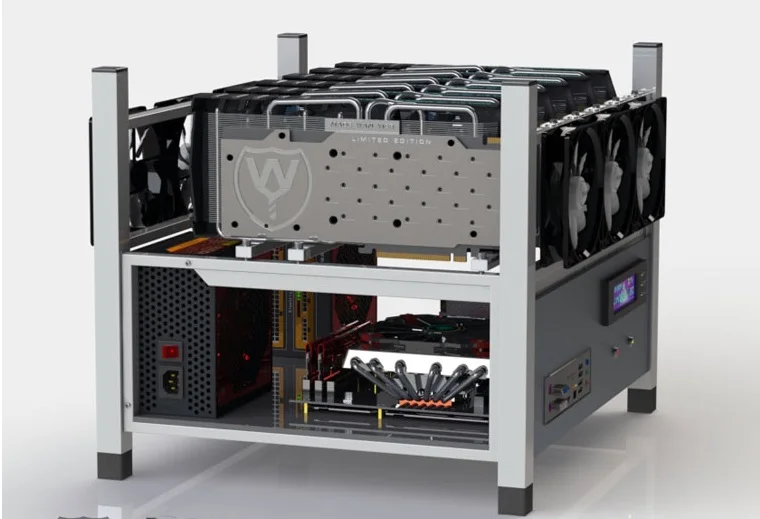 Чехол для компьютера с открытым воздухом 6 GPU Miner full tower ETH Miner Frame Rig 6x Fan& Temp Monitor bitcon Miner Kit в разобранном виде