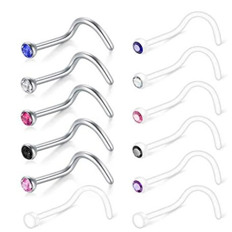 JFORYOU 12pcs20G прозрачное кольцо для носа с CZ, гибкий акрил фиксатор для носа для пирсинга носа, нетоксичный пластиковый пирсинг