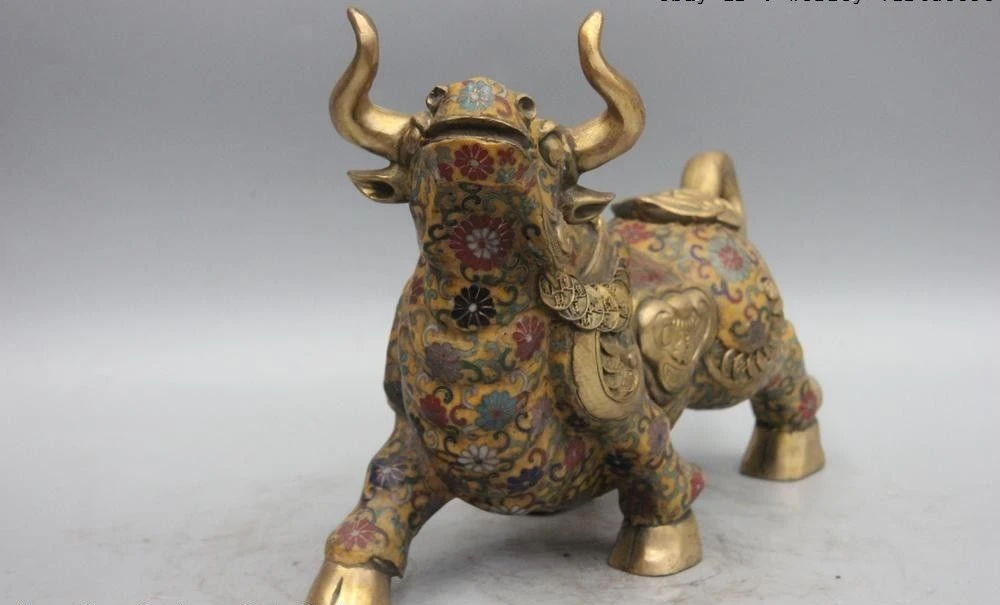 Китай Бронза Медь cloisonne эмаль Lucky wealth Ruyi OX Oxen Bull toro статуя | Дом и сад
