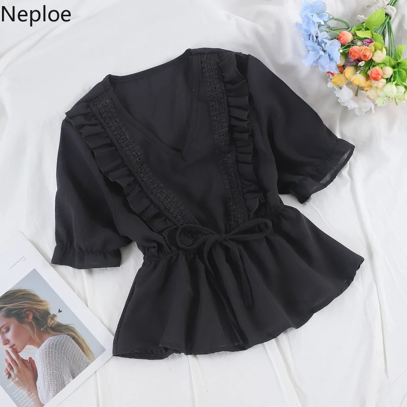 Neploe Лето 2019 женские топы милая девушка v образным вырезом Фонарь короткий рукав