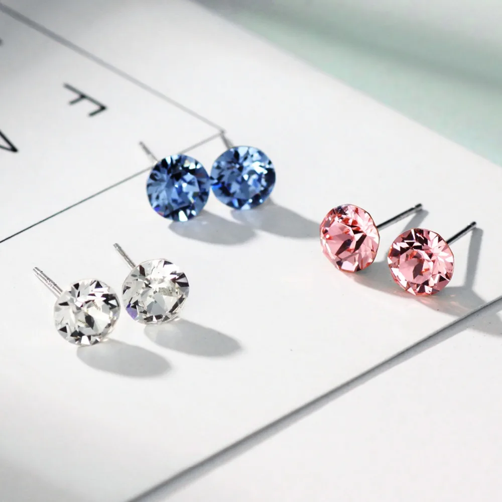 Женские серьги гвоздики с кристаллами Neoglory простые круглые белые/розовые/синие 3