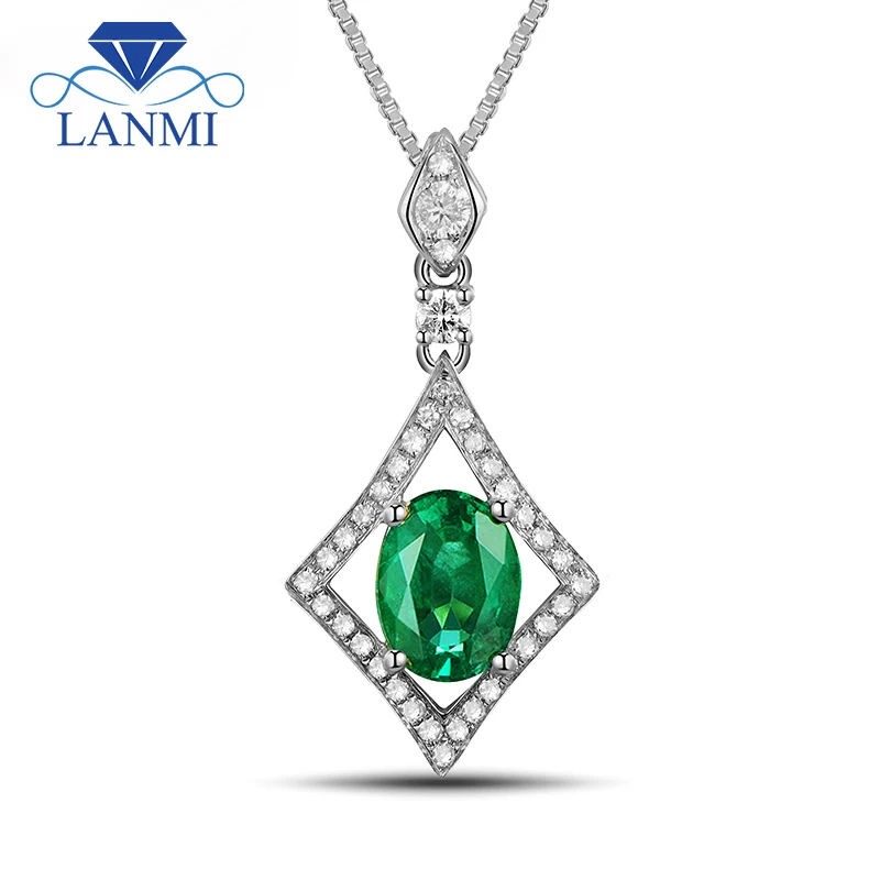 

Fantastic Oval 6x8mm Wholesale Gemstone Solid 14Kt White Gold Natural Emerald Diamond Wedding Pendant Necklace for Women Party