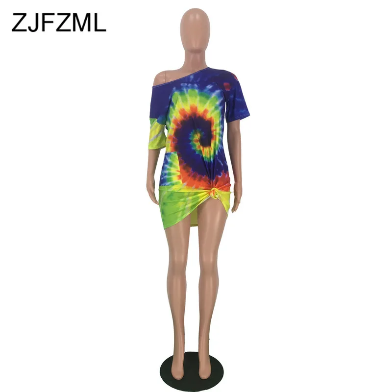 

Tie Dye Printed Sexy Mini Dress for Women Cold Shoulder Tie Off Summer Dress Sexy Short Sleeve Asymmetric Bodycon Shirt Dress