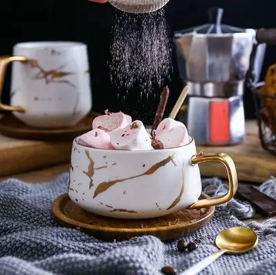 Изменение Cupfreetime скандинавском стиле мраморная матовая Золотая серия керамическая чайная чашка кофейная кружка с деревянной крышкой или поддоном Керамика Костяной фарфор