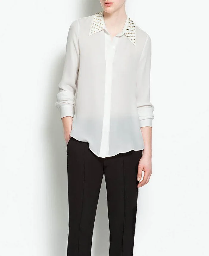 

Fashion rivet turn-down collar full sleeve chiffon women shirt blouse