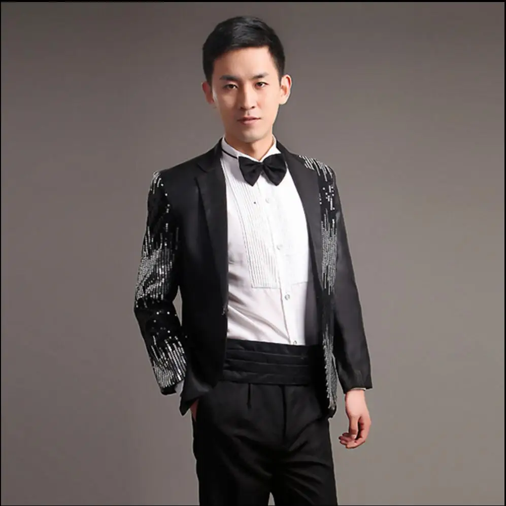 Костюм с блестками (пиджак + брюки рубашка галстук ремень) Мужской Блейзер