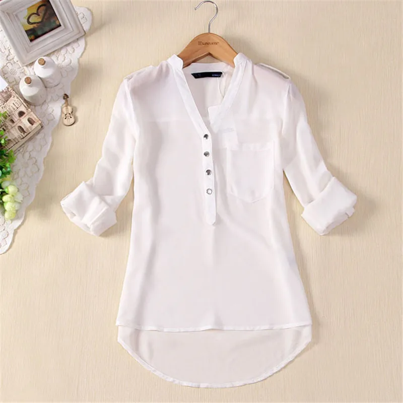 Белая рубашка Chemise Femme, женская летняя шифоновая рубашка с v-образным вырезом и длинным рукавом, однотонные повседневные рубашки с карманами, топы, блузки, одежда, Camisas Mujer