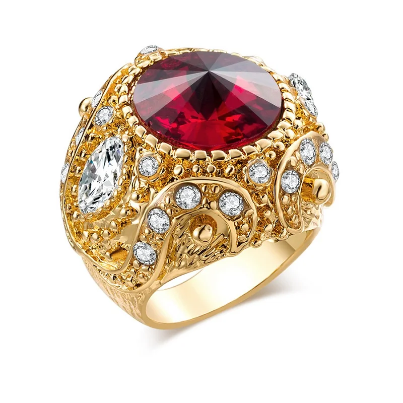 LUFANG 2019 Vintage Punk Gold-Color Ring For Men Ethnic Flower Party Gift Big Green Red Gem Crystal Rings Women Fashion Jewelry | Украшения