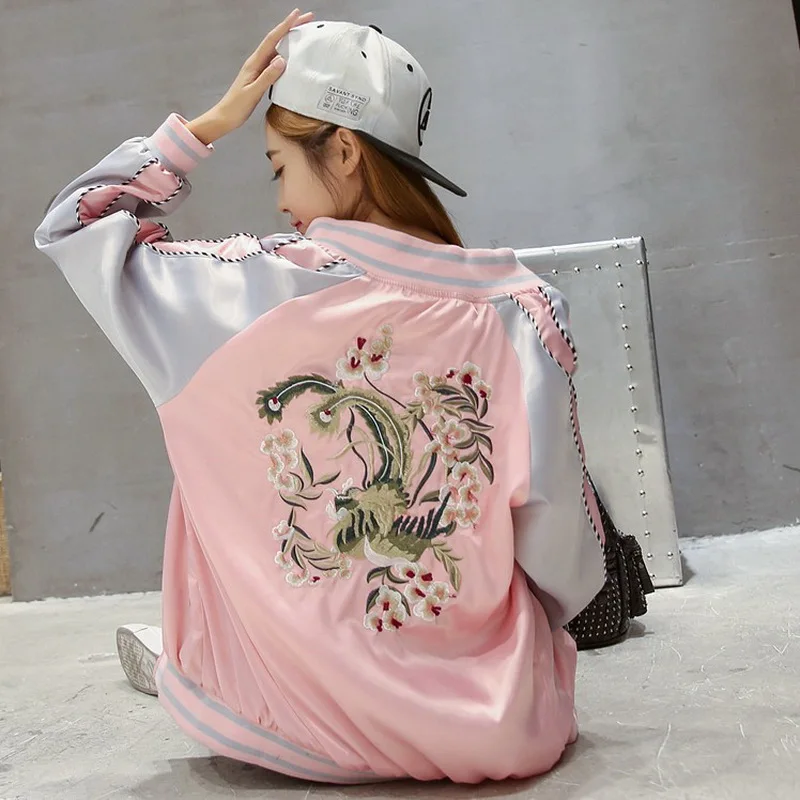 Women Bomber Jacket 2019 Casual Systemic Flowers Embroidered Flight Jackets Female Spring Autumn Basic Coats Black Pink Blue | Женская