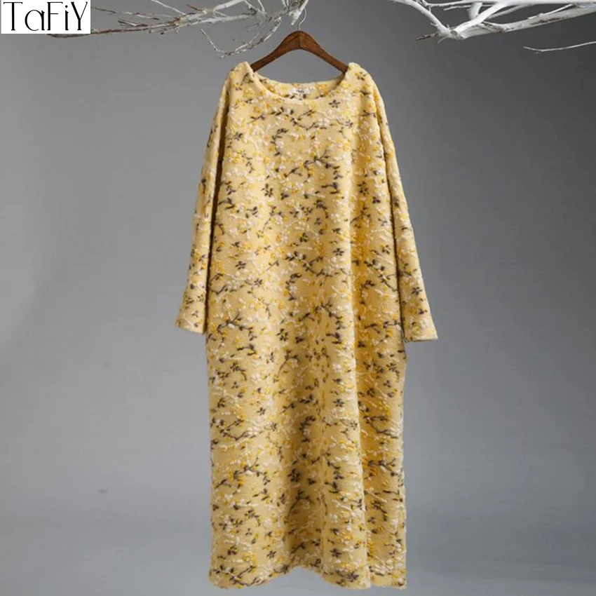 TaFiY Vestido 2017 зимние женские платья винтажные с круглым вырезом принтом утолщенное