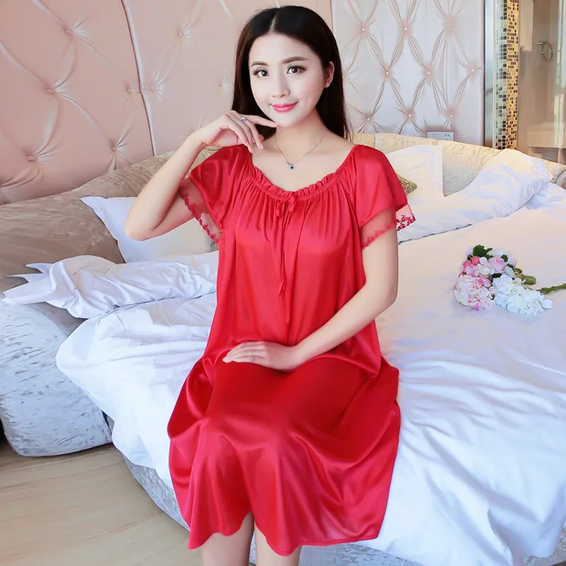 

Female Silk Nightgown Short Sleeve Adult Summer Sexy Artificial Silk Girls Soft Sleepdress Nightwear Plus Size B-6617