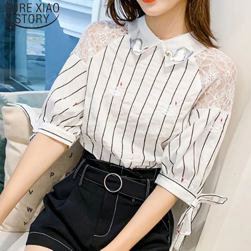 

Женская полосатая блузка с вышивкой, Дамские топы, модные женские блузки 2022, летние женские блузки с коротким рукавом 4503 50
